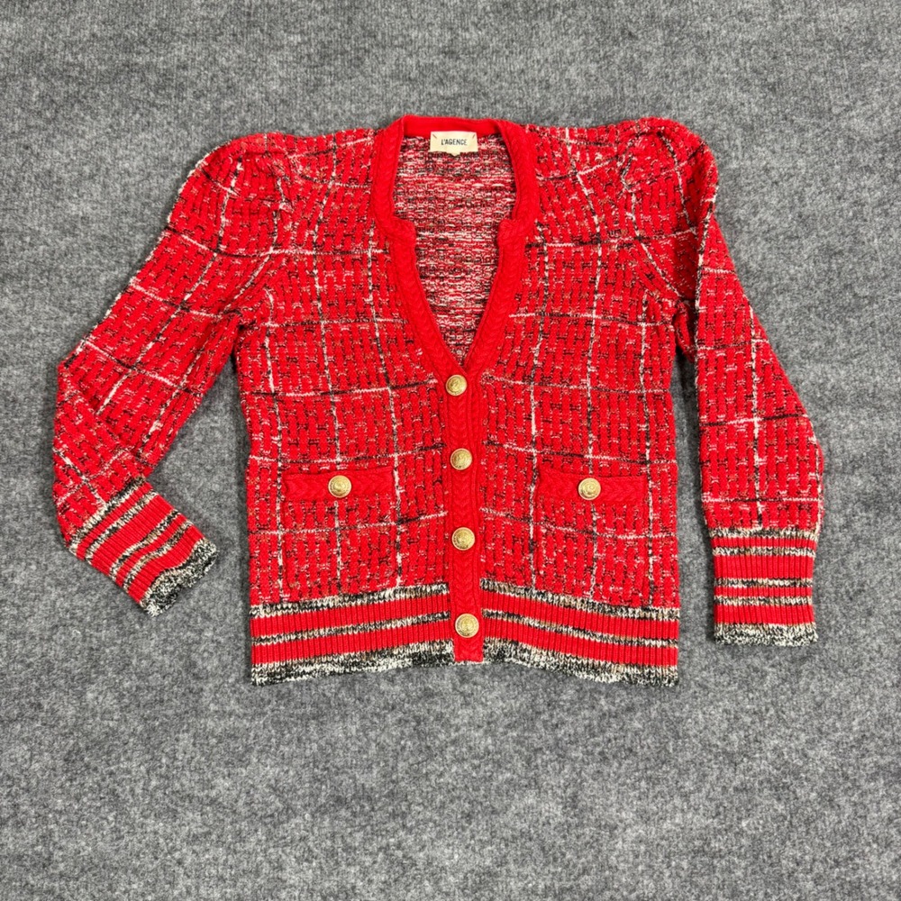 L'Agence Jenni Red Cardigan Sweater Jacket Tweed Knit Gold Button Womens XS